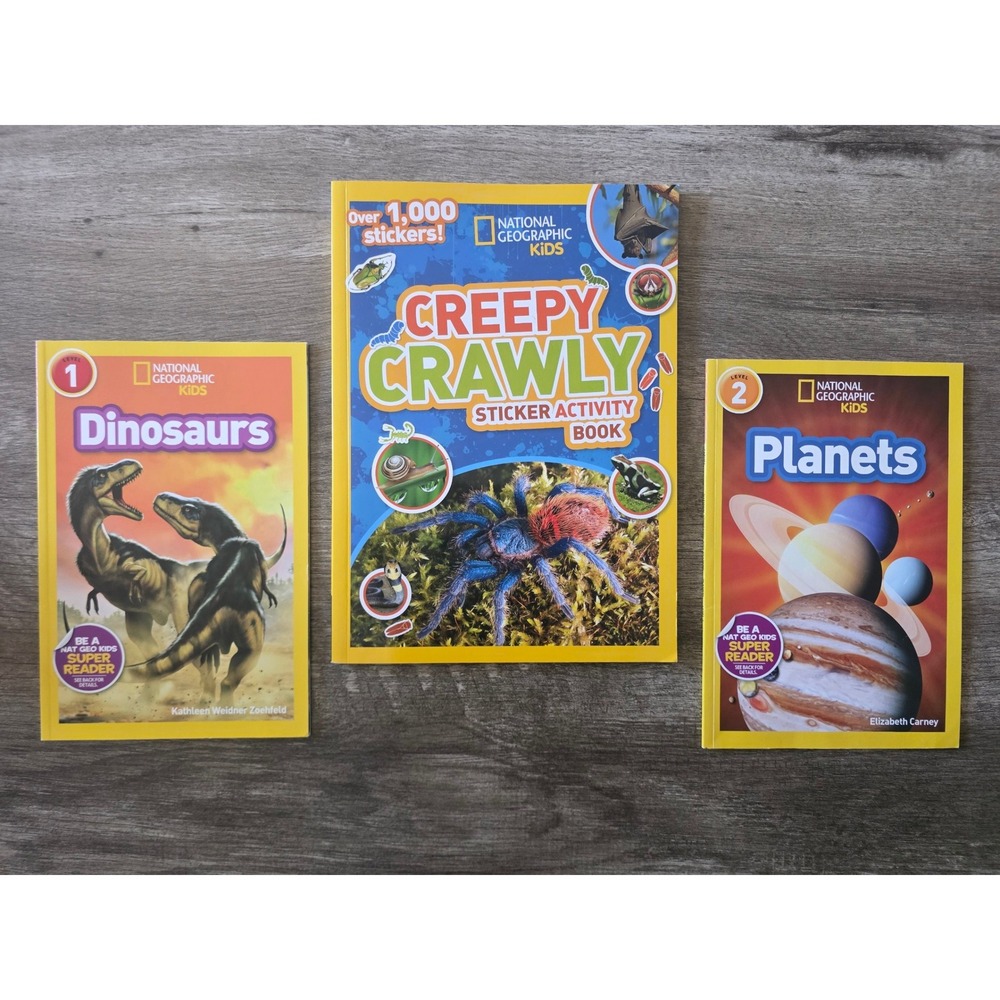 National Geographic paperback & sticker book lot Dino's Planets Creepy Crawlers